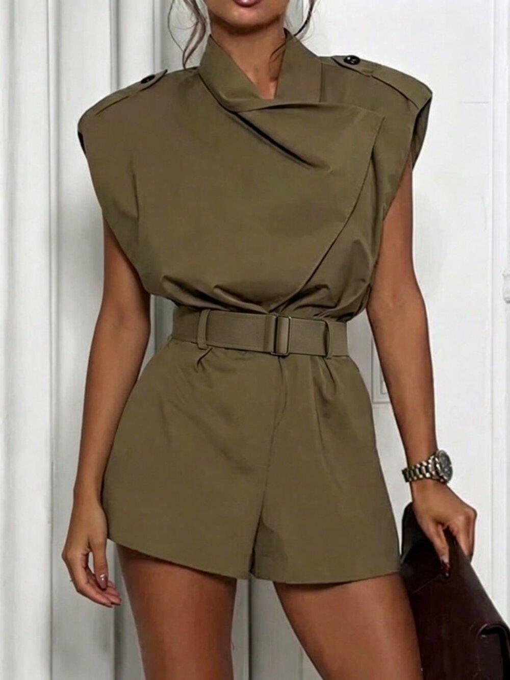 Elegant Casual Womens Lapel Shoulder Sleeveless Cinch Waist romper Jumpsuit